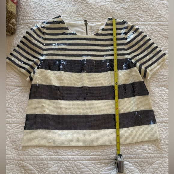 Veronica Beard Black Striped Sequin Boxy Crewneck Tee - Picture 12 of 12
